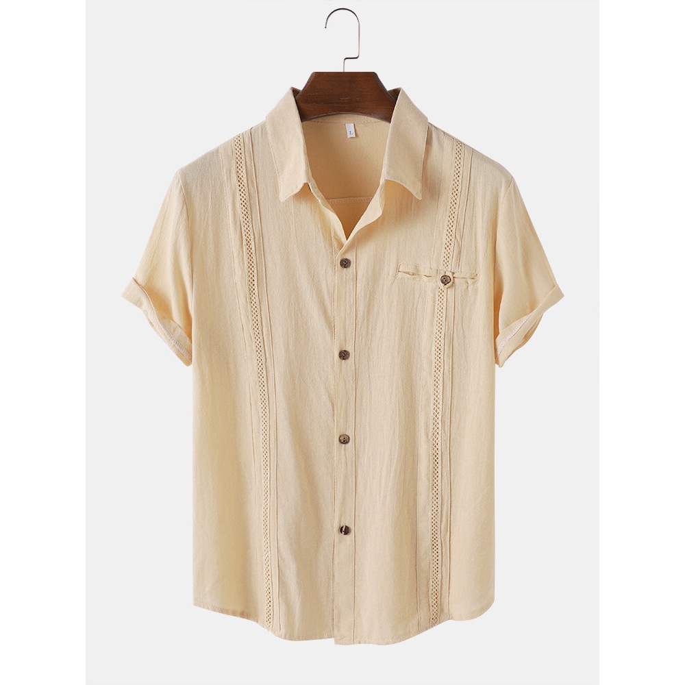 Mens Solid Color Lapel Collar Button Up Short Sleeve Shirts - White XL