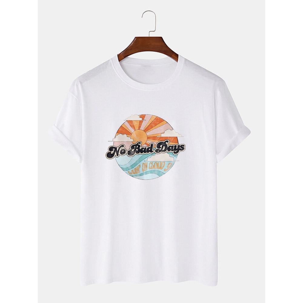 Cotton Breathable Cartoon Landscape Print Short Sleeve T-Shirts - White L