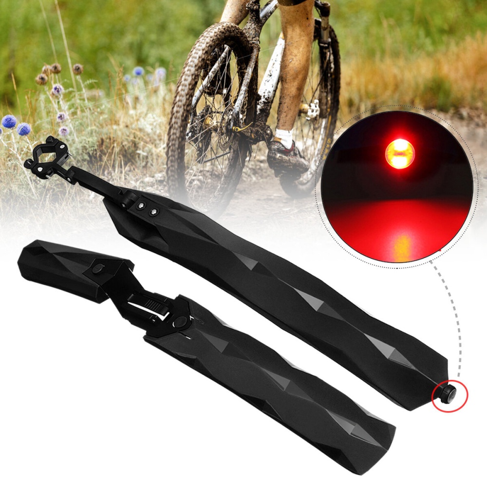 2PCS Cycling Mountain Bike Bicycle Front + Rear Fender Removable With LED Taillight Mudguard Road - White - Image 2