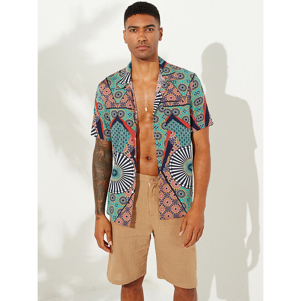 Mens Ethnic Style Pattern Printed Short Sleeve Loose Shirts - 3XL Blue