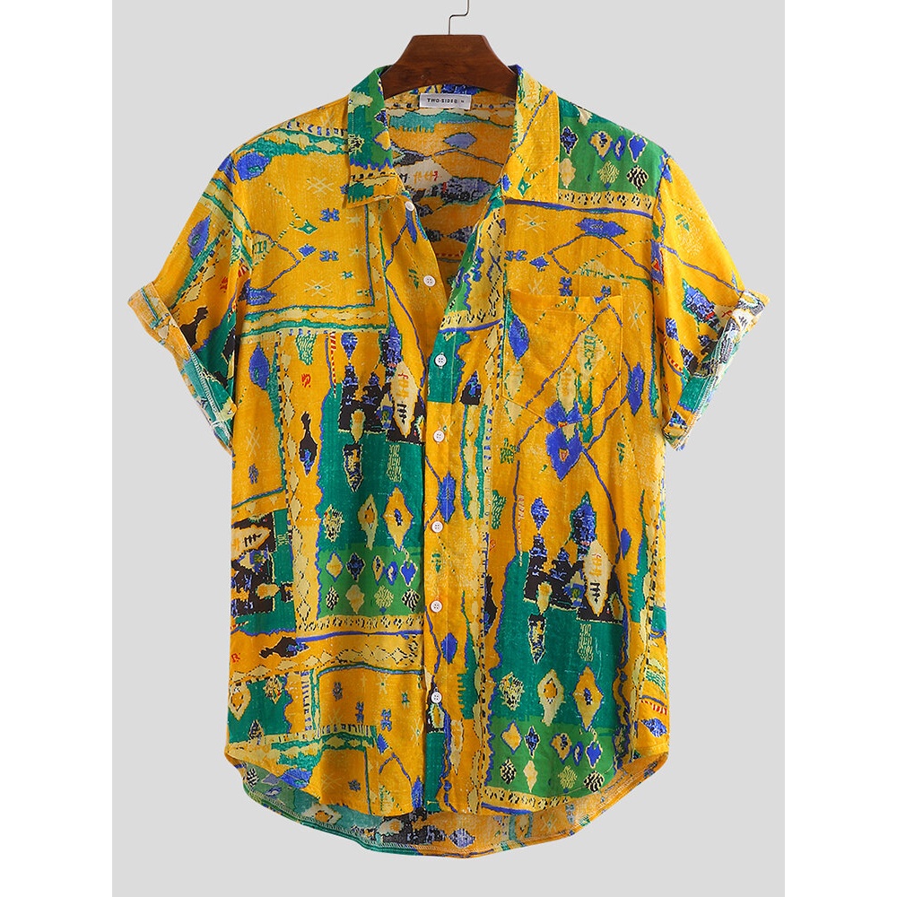 Mens Summer Graffiti Printing Chest Pocket Turn Down Collar Short Sleeve Loose Shirts - M Red