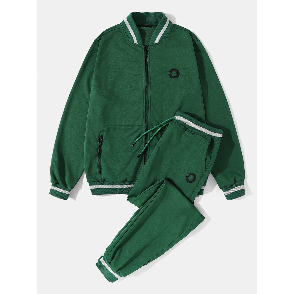 Men Solid Color Zip Baseball Jacket Sports Activewear Sets With Joggers Suits - Grey M