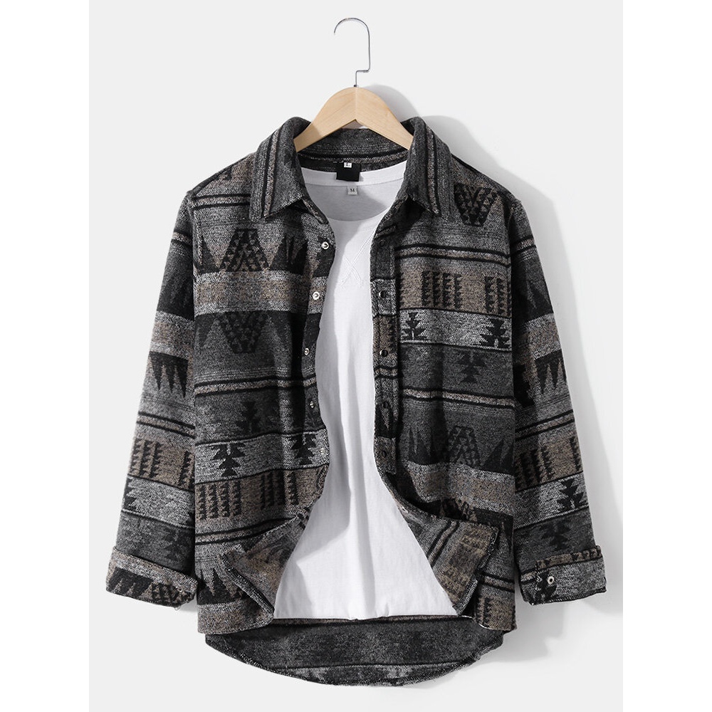 Mens Tribal Pattern Long Sleeve Lapel Curved Hem Vintage Shirts - Dark Grey M