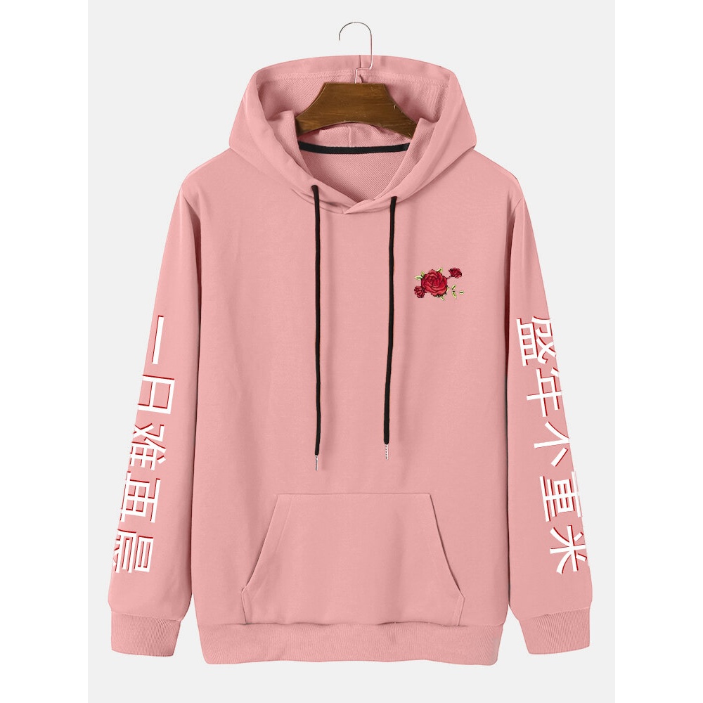 Mens Chinese Characters Printing Pouch Rose Hoodies - Pink S
