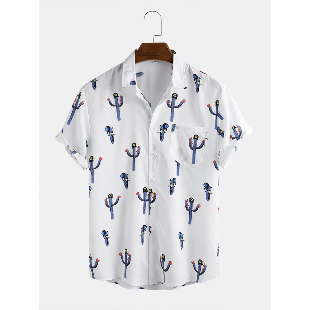 Mens Funny Cartoon Pattern Breathable Pocket Short Sleeve Casual Shirts - Green XL