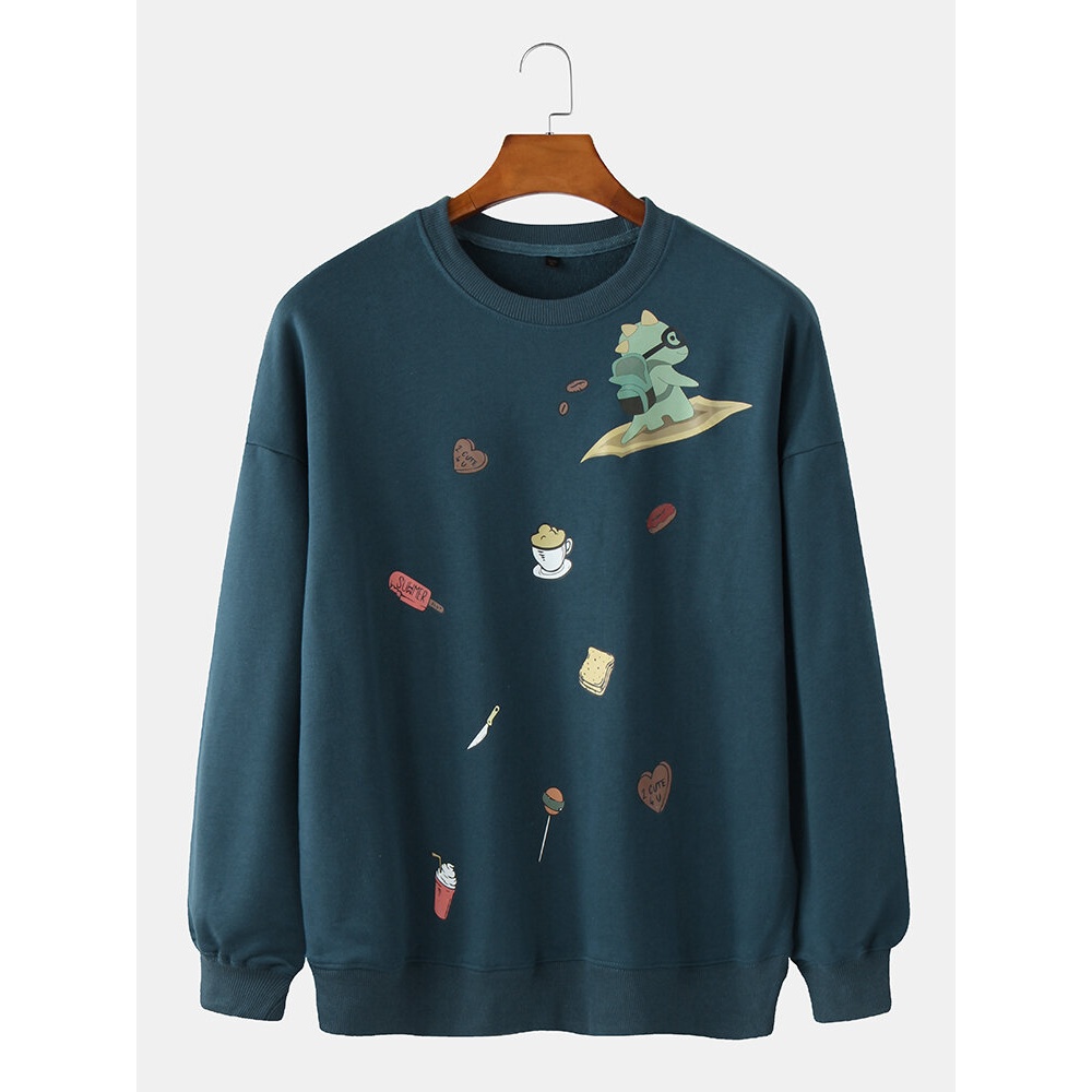 Mens Cartoon Animal Print Round Neck Cute Pullover Long Sleeve Sweatshirts - White M