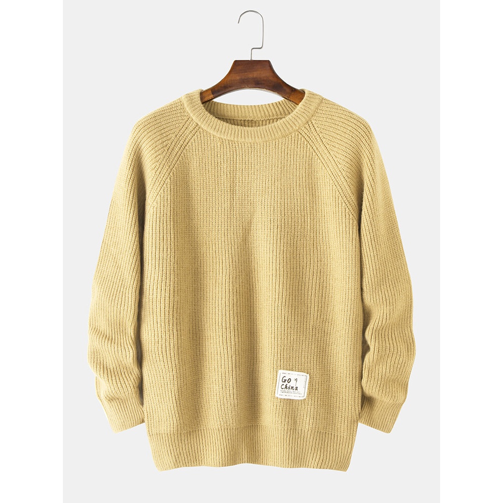 Mens Basic Solid Color Round Neck Casual Raglan Sleeve Sweater - Black XL