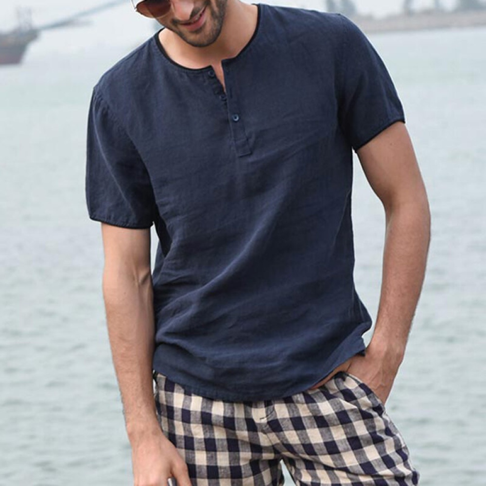 Men Retro Short Sleeve Thin Linen Shirts Button Round Neck Blouse Casual Tee Tops - 3XL Blue