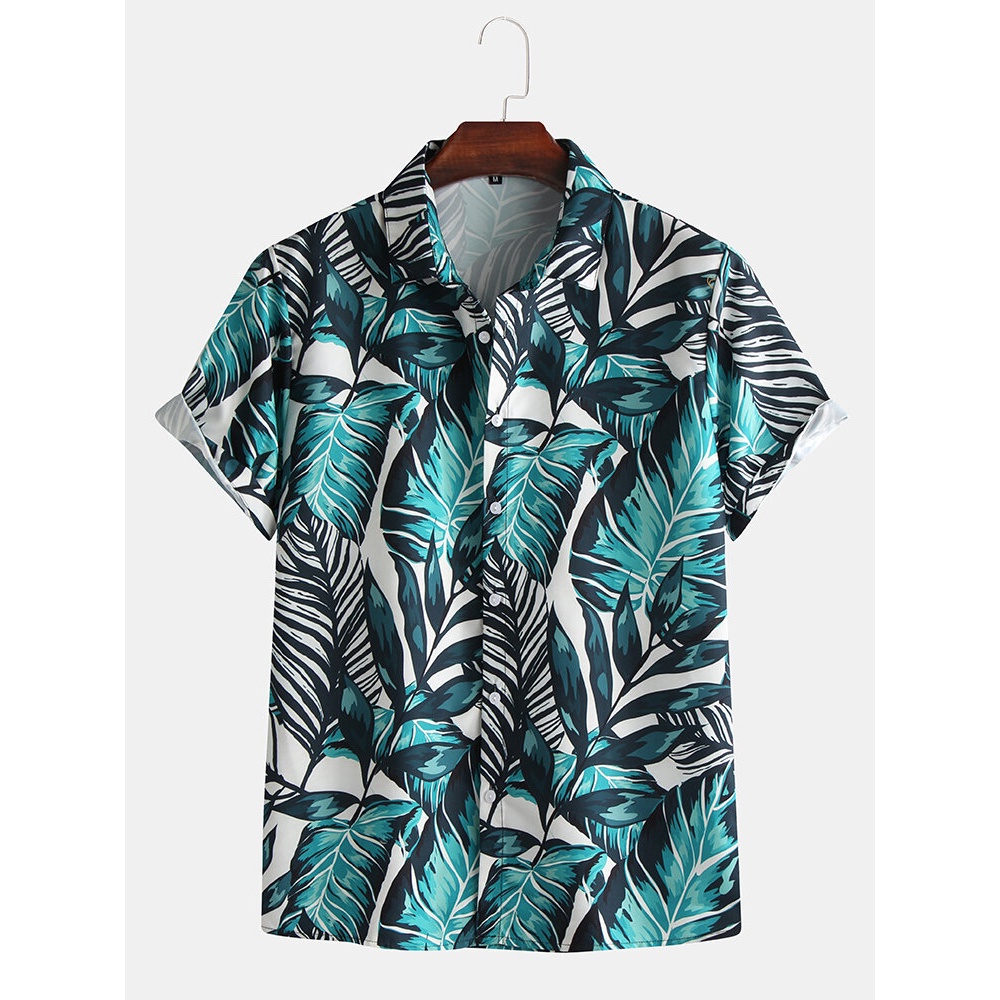 Mens Hawaiian Plant Print Beach Loose Short Sleeve Shirts - XL As Picture