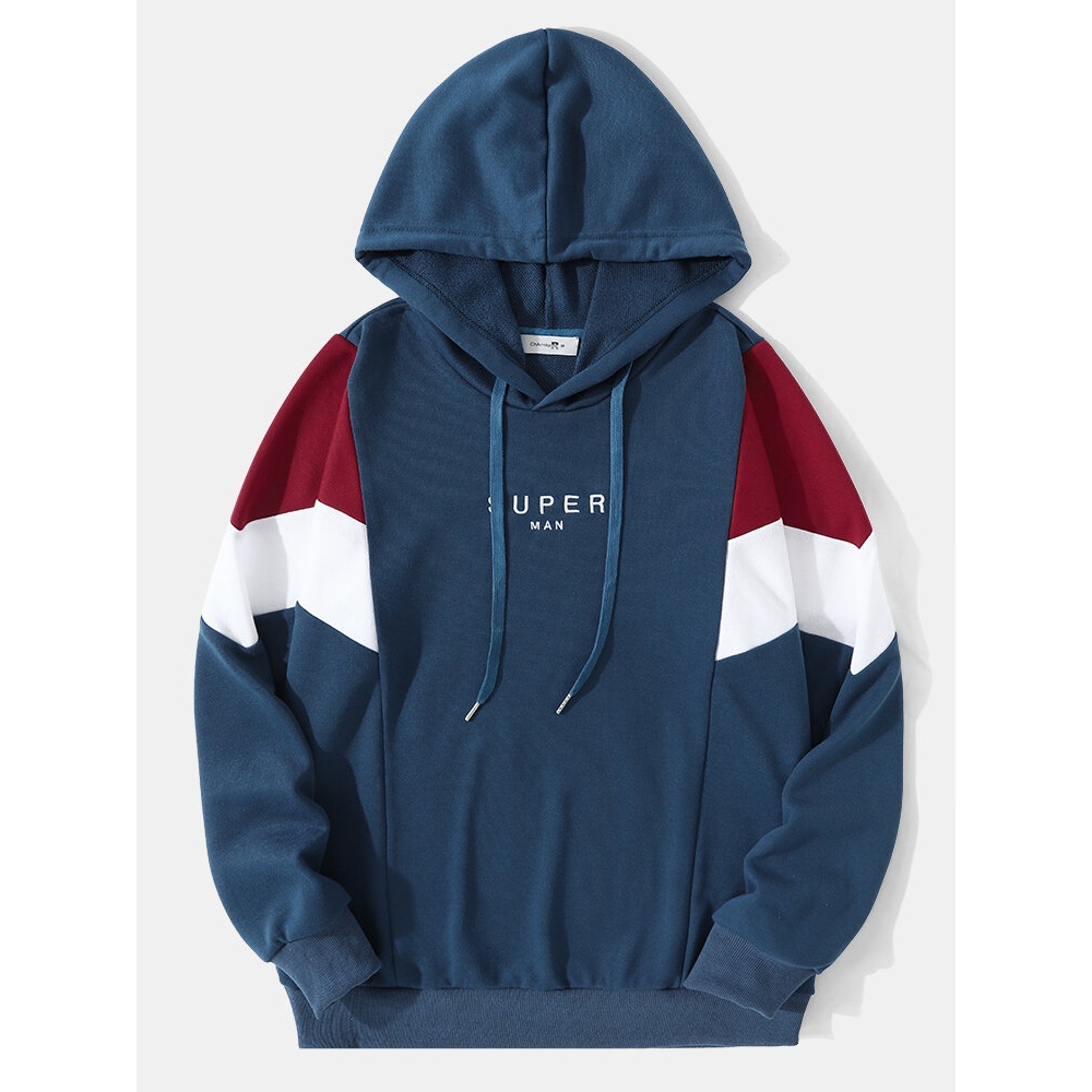 Men Patchwork Contrast Color Letter Design Drawstring Hooded Sweatshirt - Dark Blue S