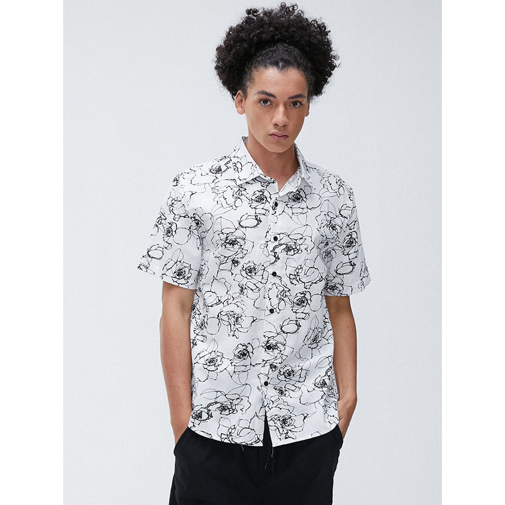 Mens Vintage Printing 100% Cotton Short Sleeve Casual Shirts - White 3XL