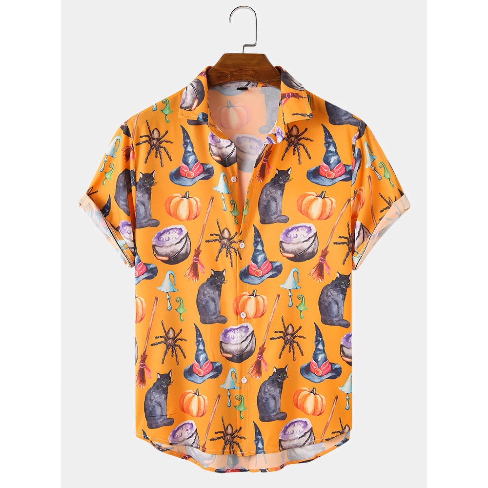 Mens  Funny AllOver Cat Pumpkin Printing Loose Short Sleeve Shirts - Yellow S