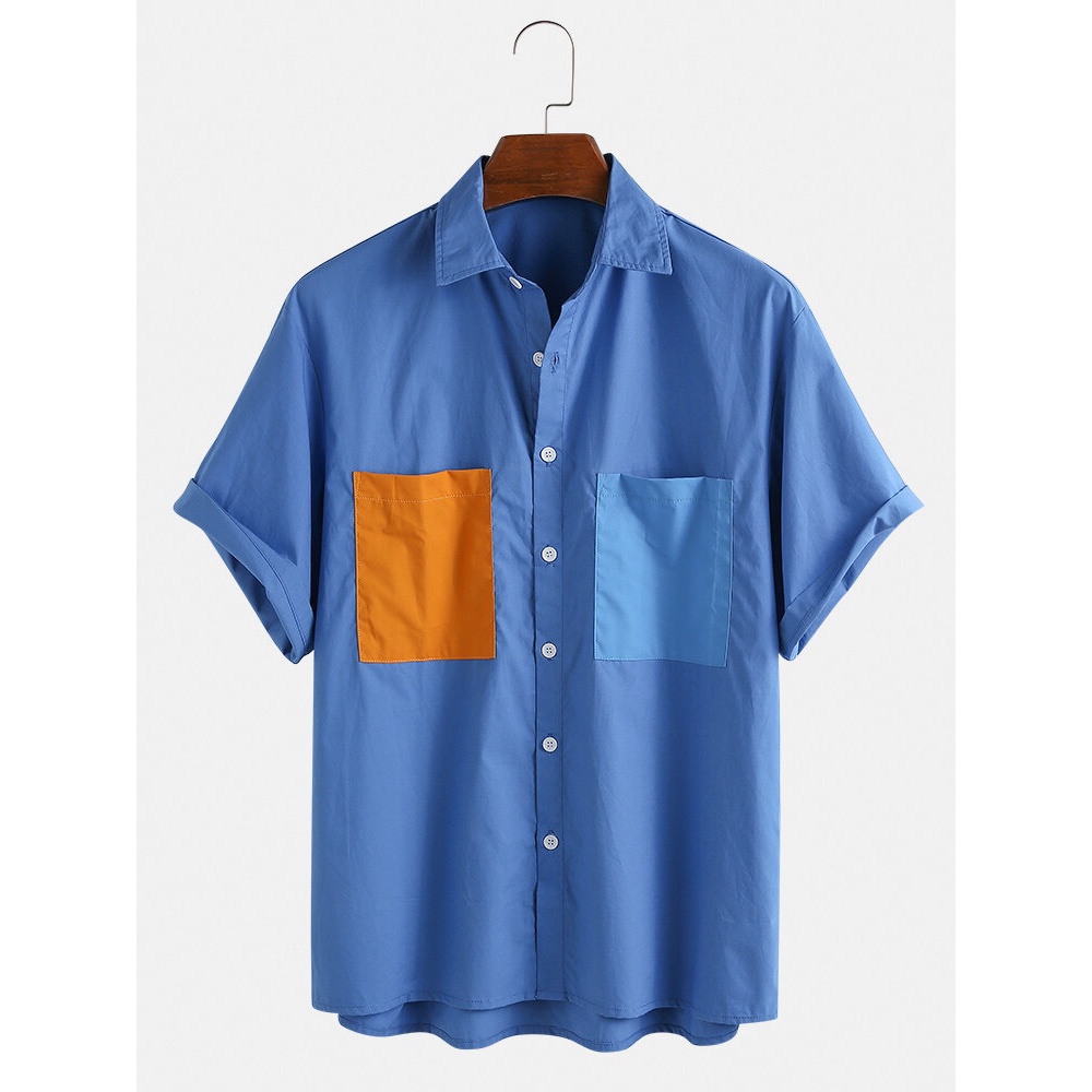 Mens Casual Double Pockets 100% Cotton Short Sleeve Shirts - Blue M