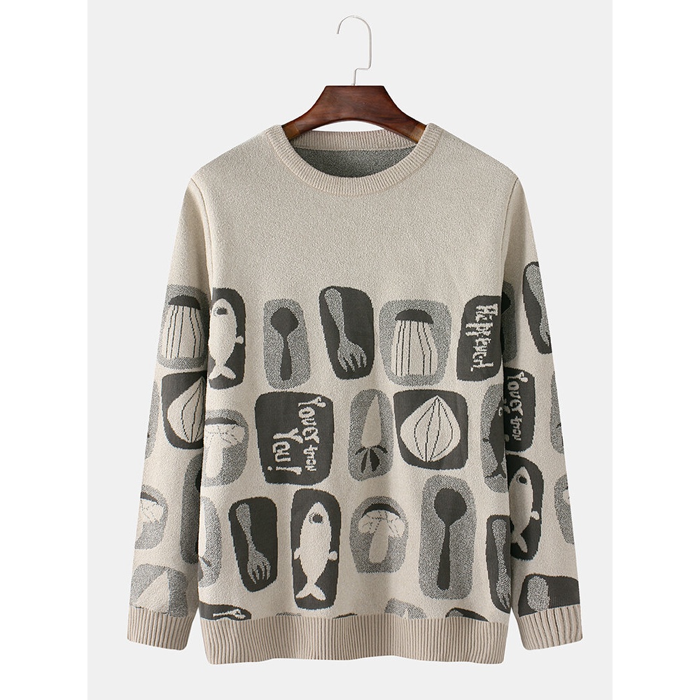 Mens Funny Cartoon Graphics Knitting Warm Pullover Sweater - S White