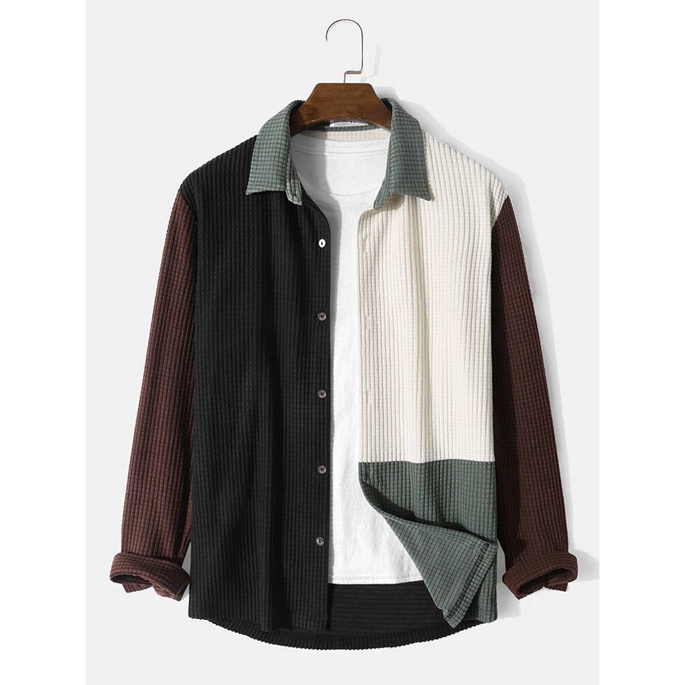 Men Waffles Texture Spliced Colorblock Lapel Collar Buttons Long Sleeve Shirts - Black S