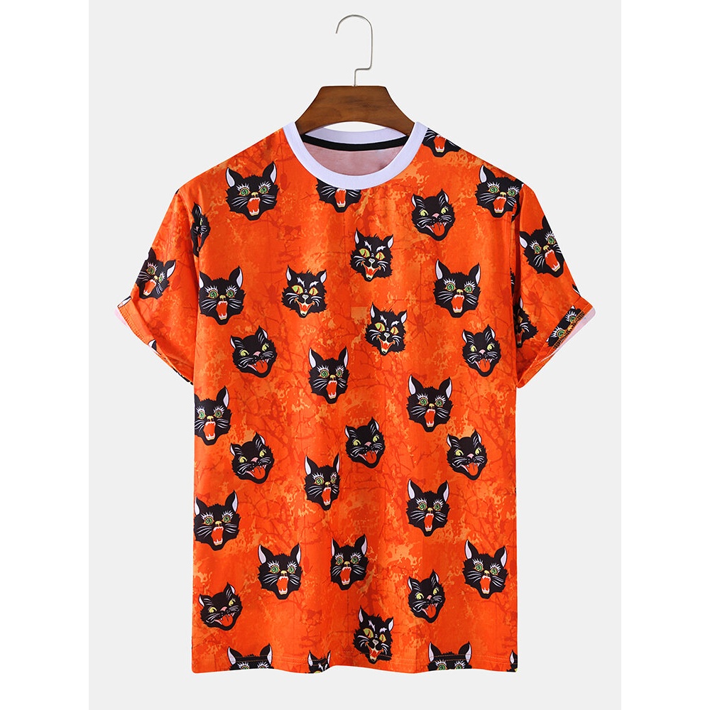 Mens  Style Cat Cartoon Round Neck Short Sleeve Casual T-Shirts - Red 2XL