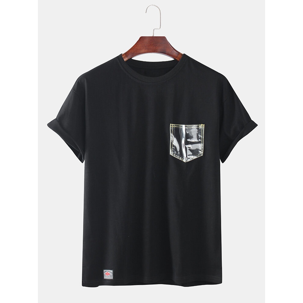 Mens Solid Color See Though Pocket Short Sleeve Casual T-Shirts - White 3XL