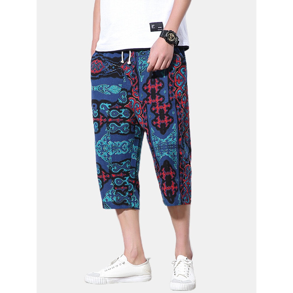 Mens Vintage Ethnic Print Loose Casual Calf-Length Drawstring Pants - Blue L