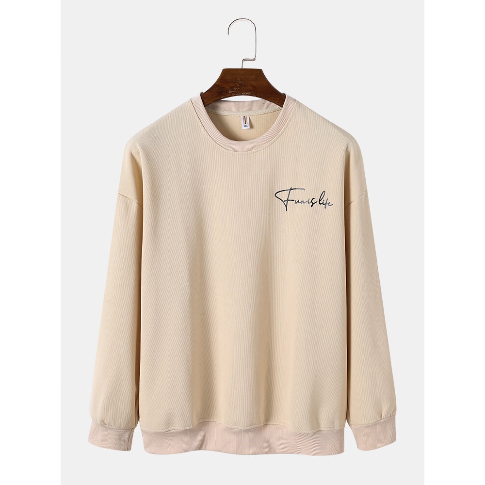 Mens Thread Letter Printed Round Collar Casual Sweatshirt - Pink XL