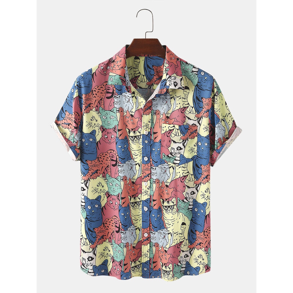 Mens Funny Cartoon Colorful Cat Print Chest Pocket Casual Short Sleeve Shirts - Colorful L