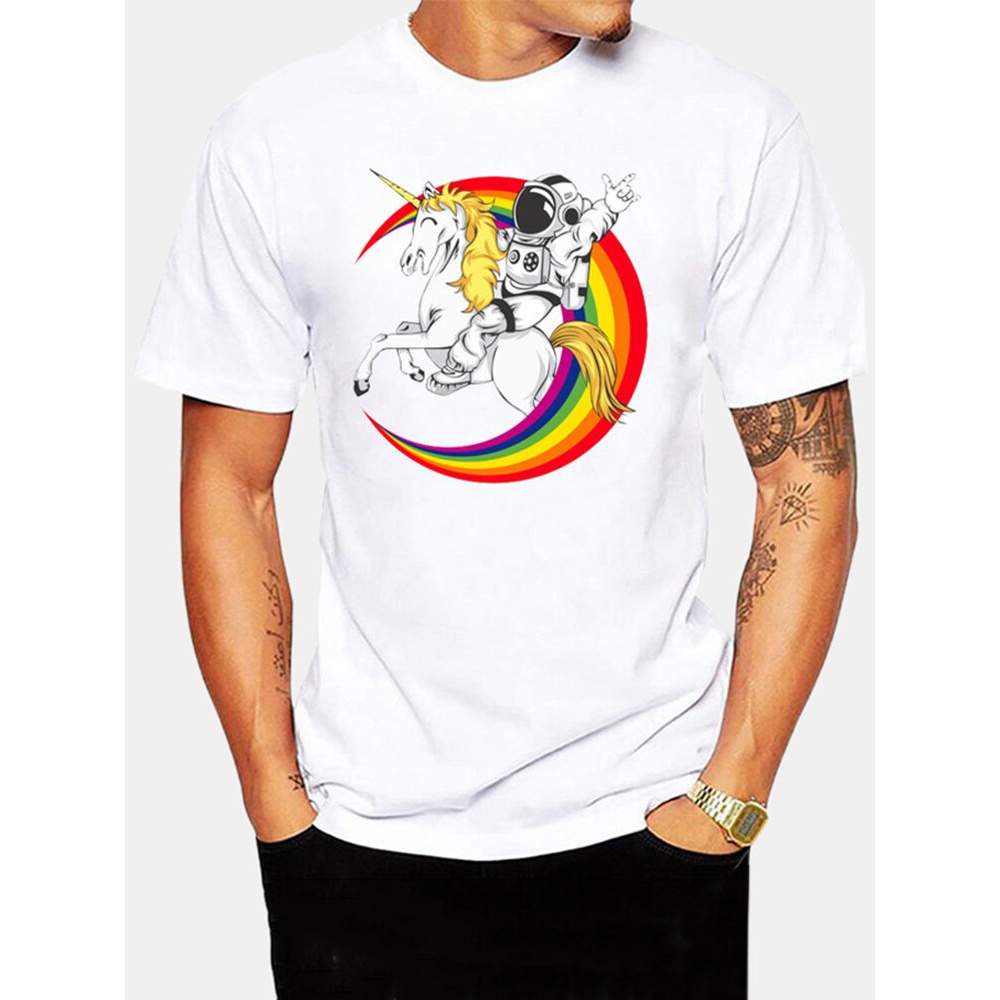 Mens 100% Cotton Astronaut Planet Print Round Neck Casual Short Sleeve T-Shirts - Red+White M