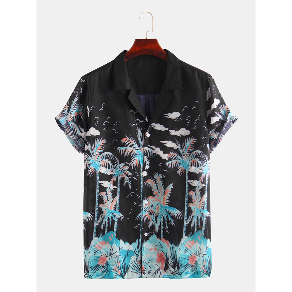 Mens Summer Holiday Maple Printed Hawaiian Casual Shirts - 2XL Black