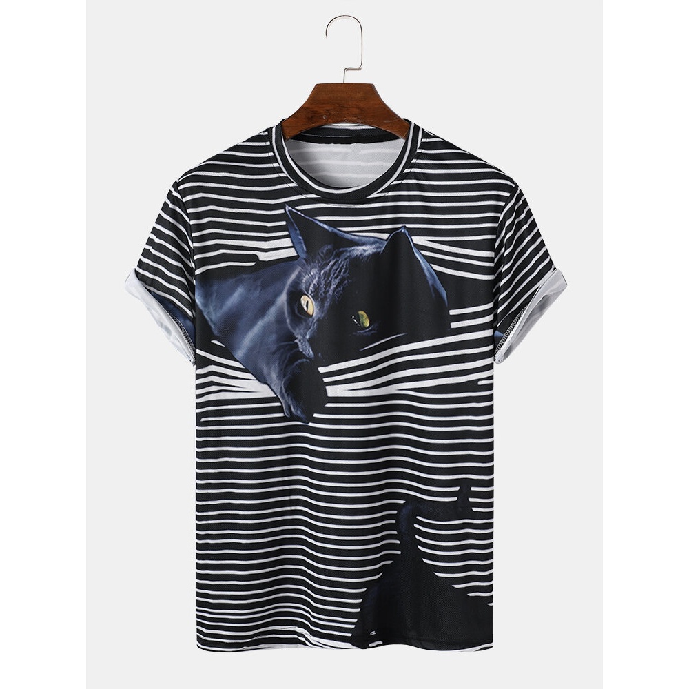 Mens 3D Striped Cat Printing Round Neck Casual Short Sleeve T-Shirt - Black M