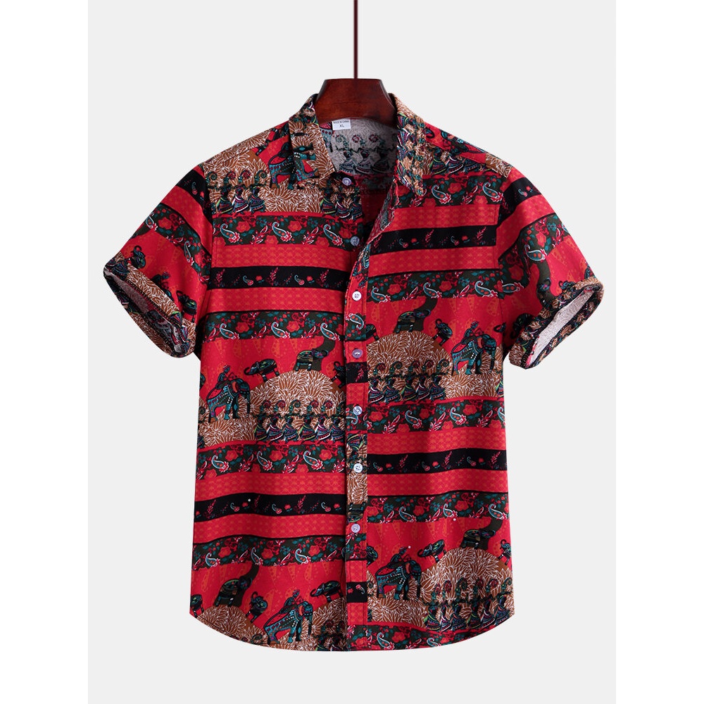 Mens Pattern Printing Short Sleeve Linen Shirts - S Red