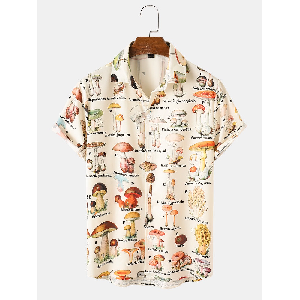 Mens Mushroom Types Pattern Print Community Spirit Short Sleeve Shirt - Apricot M