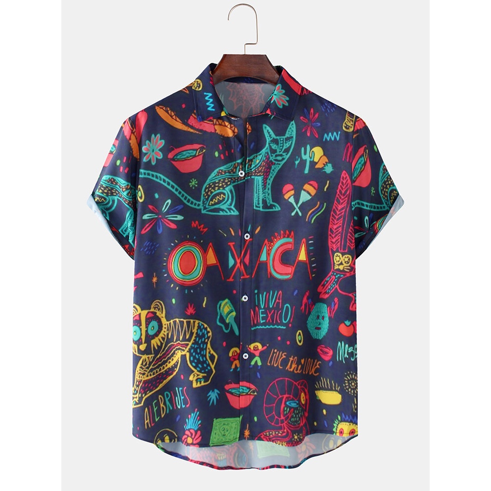 Mens  Funny Animal Letter Print Loose Casual Short Sleeve Shirts - Black 2XL