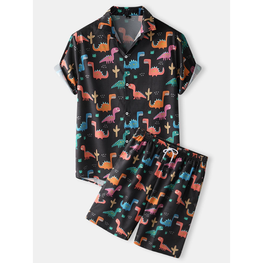 Mens All Over Cartoon Dinosaur Print Short Sleeve Drawstring Two Piece Outfits - Black M