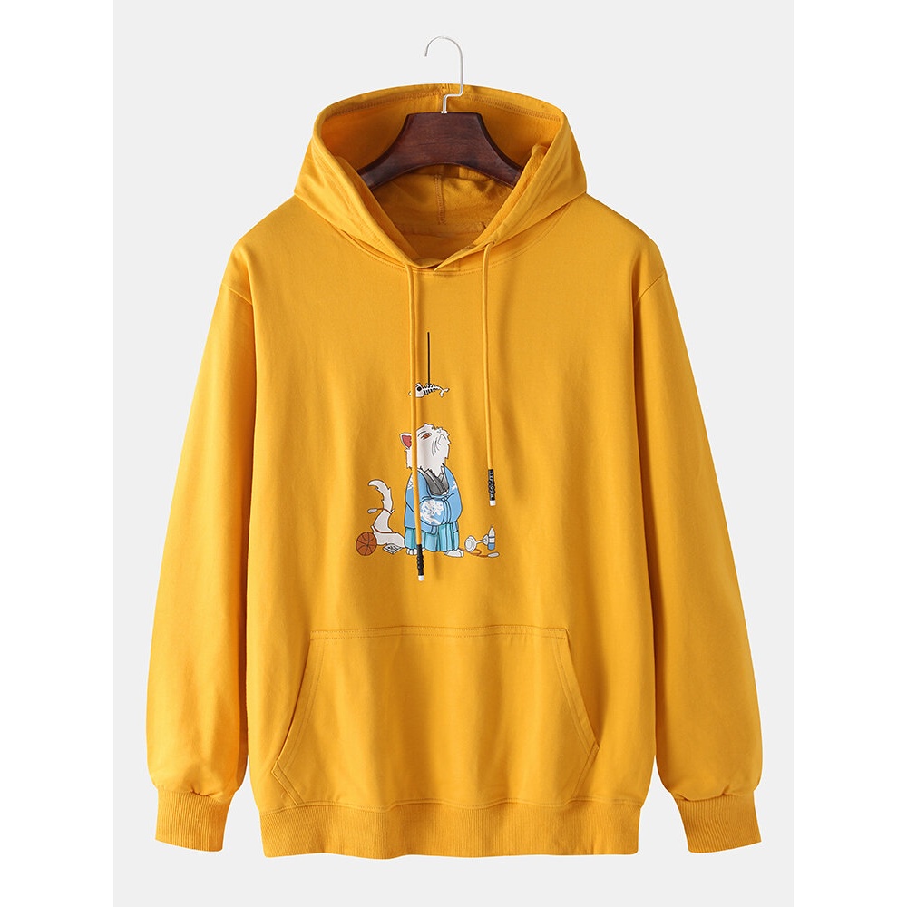 Cotton Mens Cartoon Cat Print Long Sleeve Cute Drop Shoulder Hoodies - Light Grey S