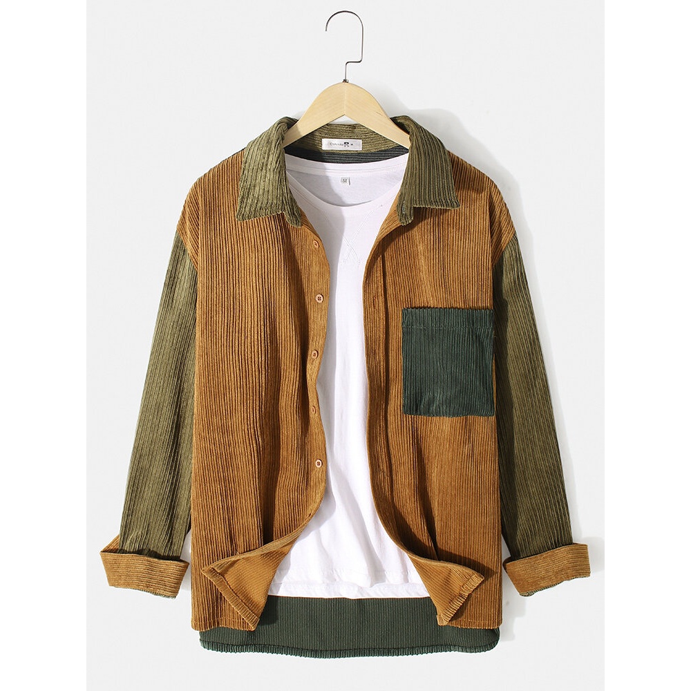 Mens Contrast Color Patchwork Corduroy Drop Shoulder Loose Shirts - S Yellow