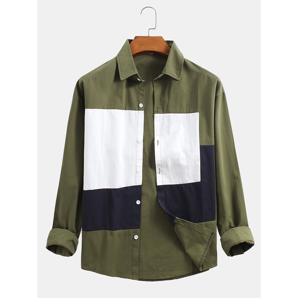 Cotton Solid Color Patchwork Button Up Long Sleeve Design Shirts For Men - S Khaki