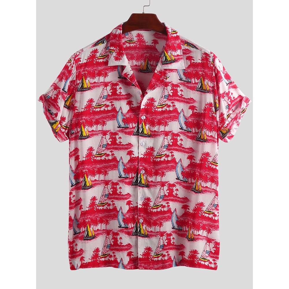 Men Sailboat Islands Print Short Sleeve Hawaiian Shirts - M Red