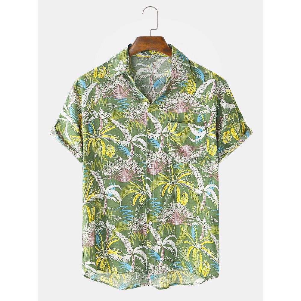 Mens Cotton Colorful Coconut Tree Print Holiday Beach Short Sleeve Shirts - Green XL