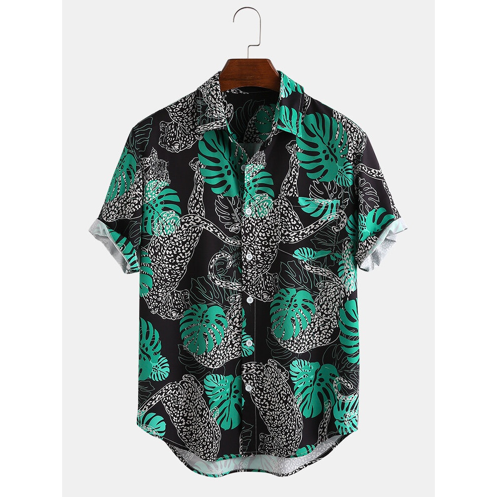 Mens Leopard Leaf Printing Design Breathable Short Sleeve Casual Shirts - Black L