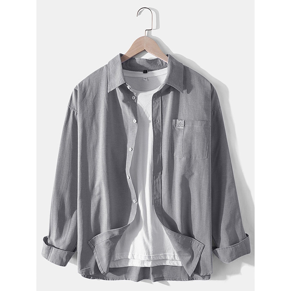 Mens Cotton Pure Color Applique Loose Chest Pocket Long Sleeve Shirts - Grey 2XL