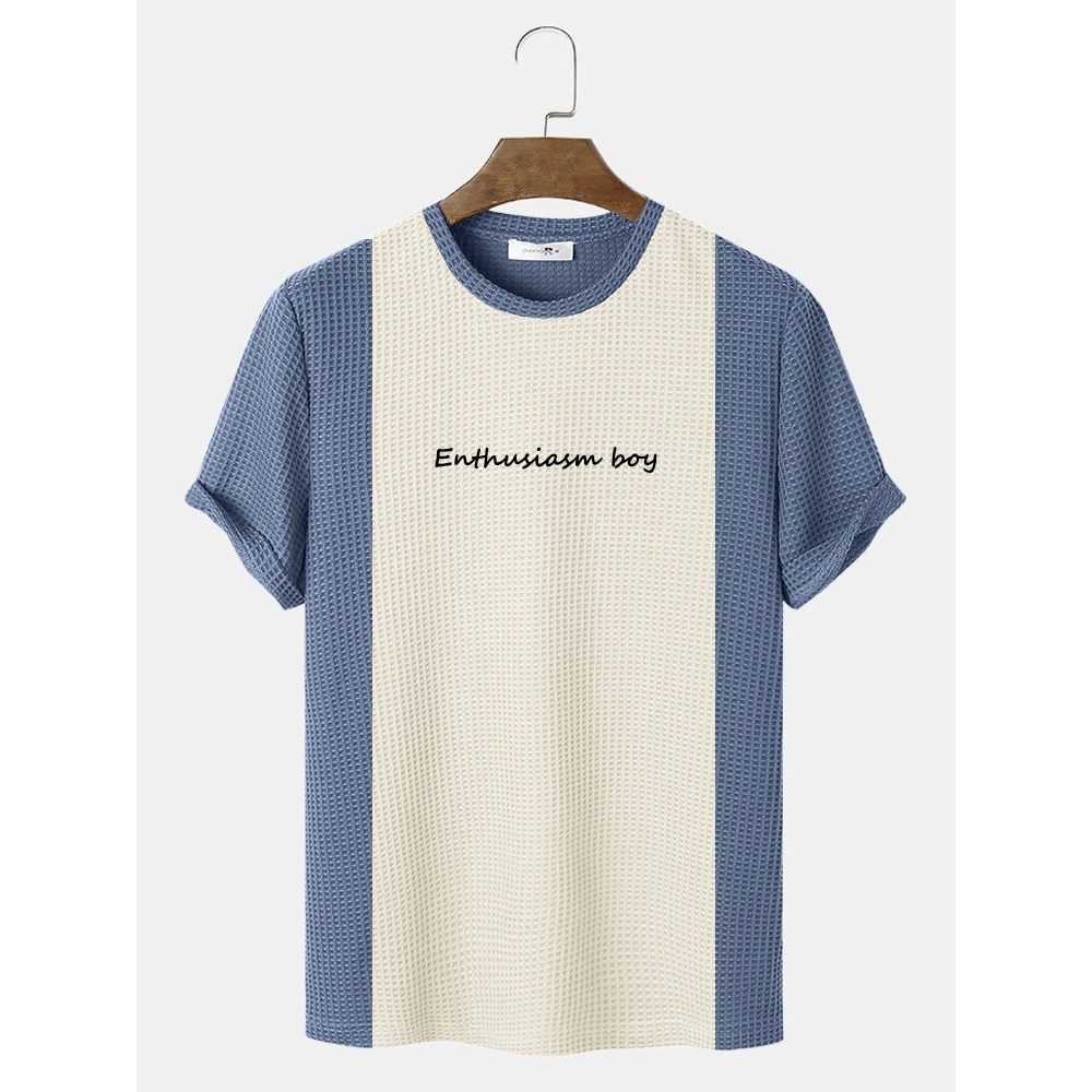 Mens Casual Veins Letter Embroidery Crew Neck T-Shirts - Khaki S