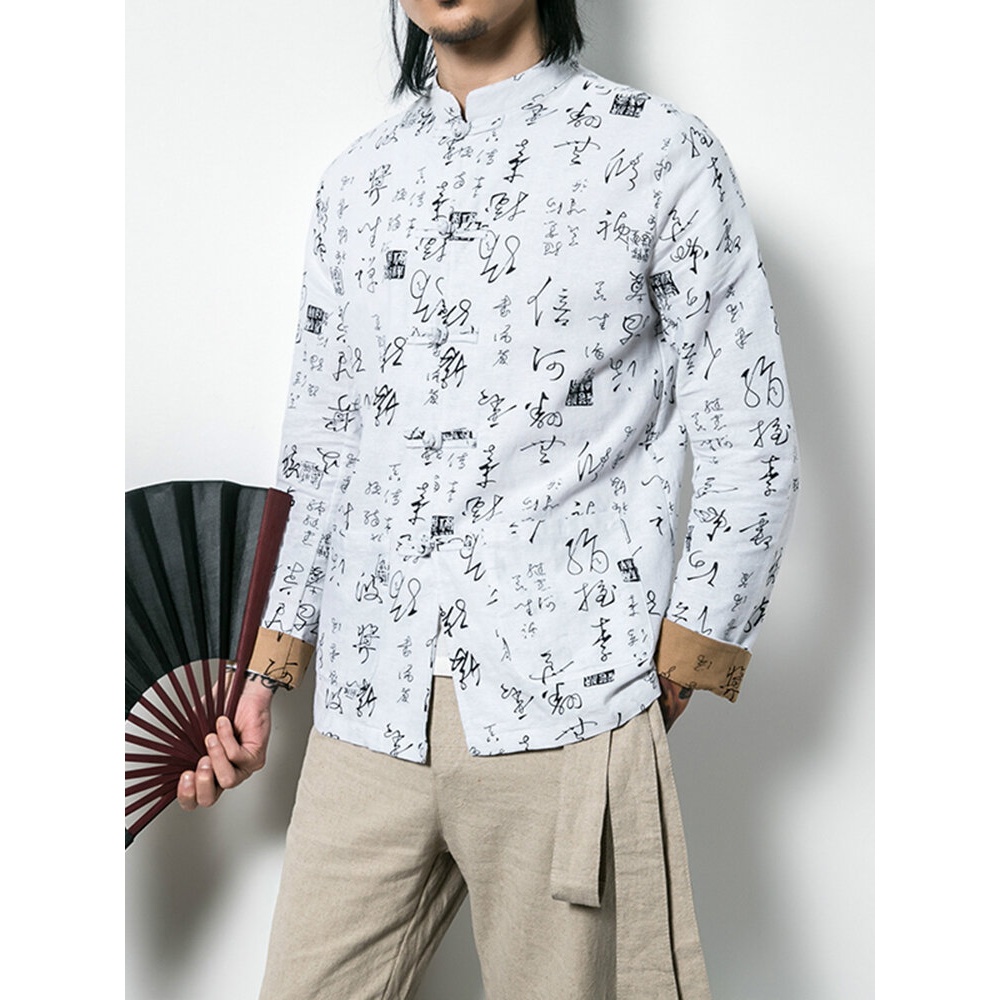 Chinese Knot Buckle Vintage Printing Mandarin Collar Linen Shirts Coat for Men - XL White