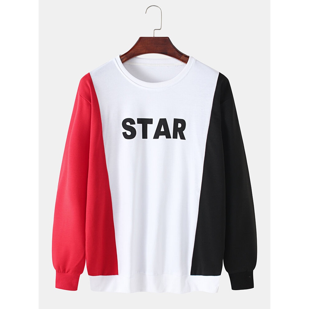 Mens Cotton Patchwork Letter Print Pullover Long Sleeve Sweatshirts - White M