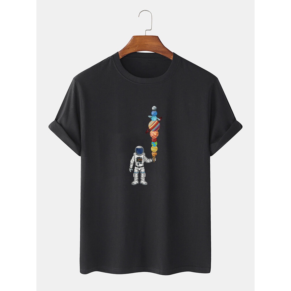 Mens Cartoon Astronaut Ice Cream Print Casual Lightweight Thin T-Shirt - Black L