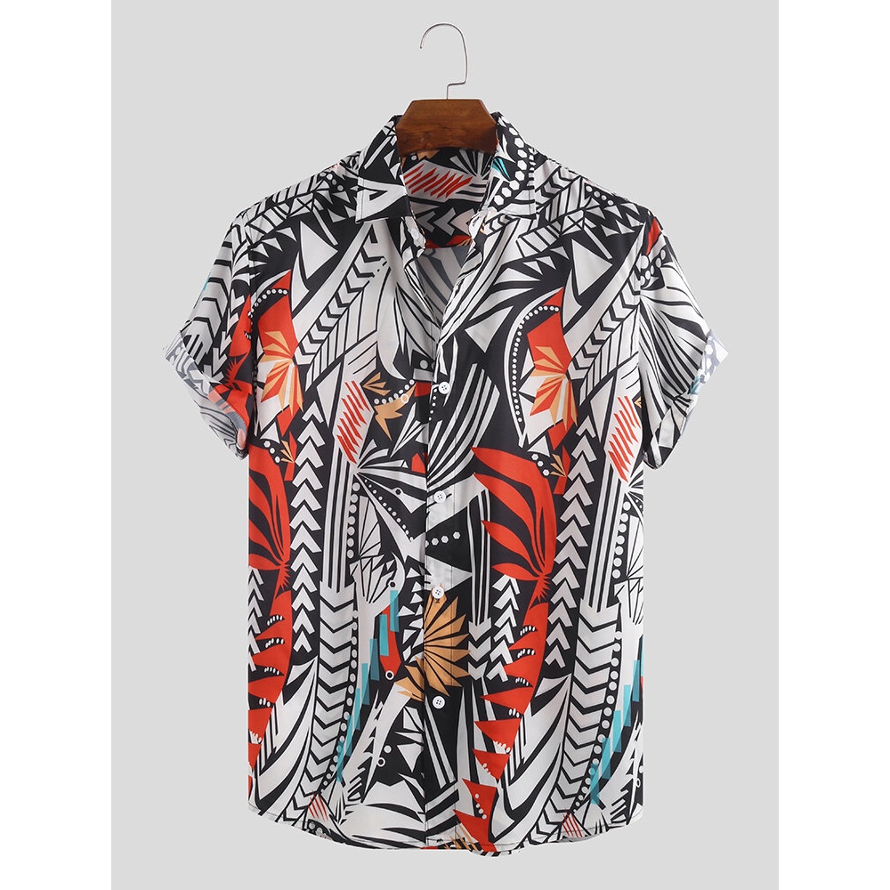 Men Irregular Pattern Print Short Sleeve Relaxed Shirts - 2XL Orange