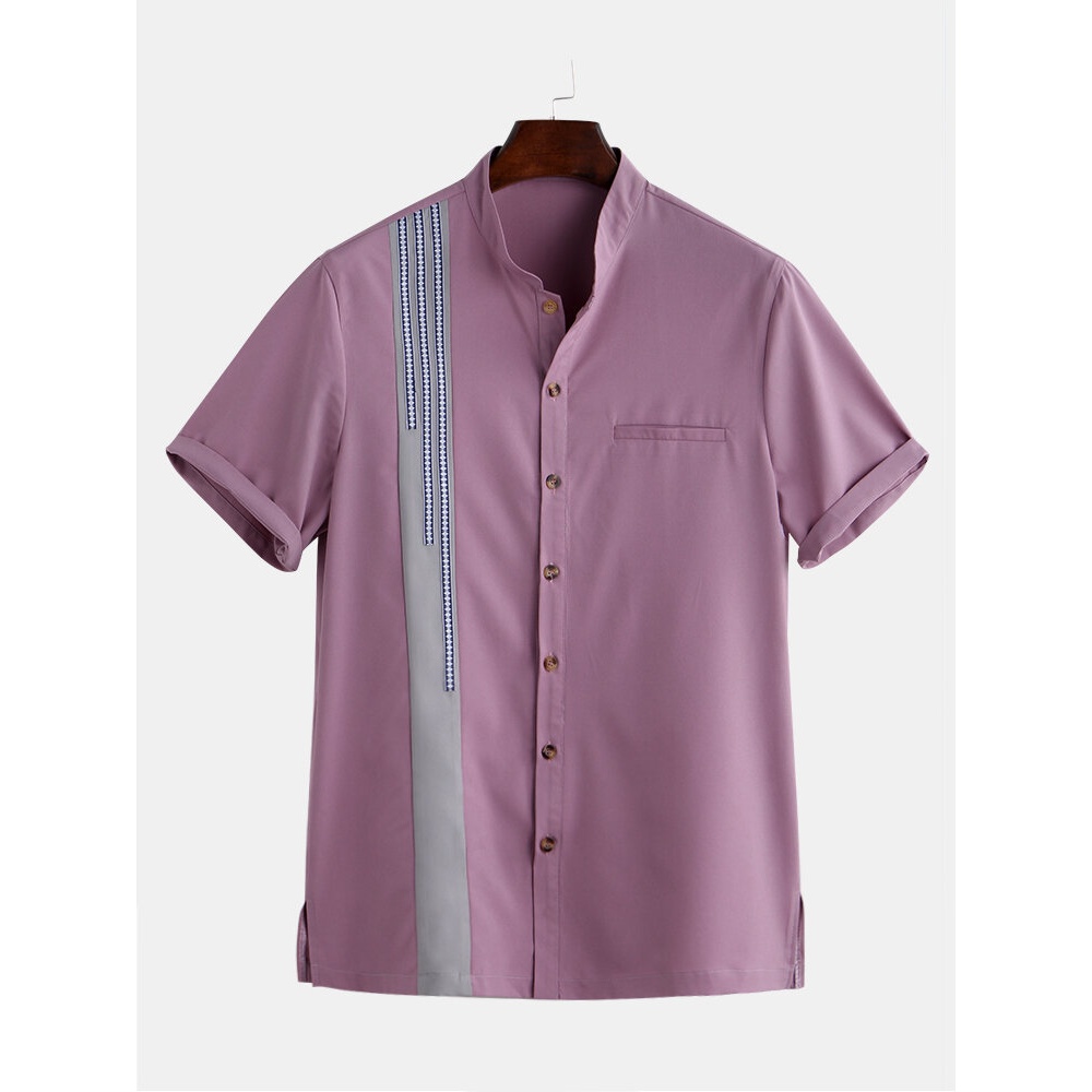 Men Ethnic Pattern Embroidery Semi Formal Shirts - M Pink