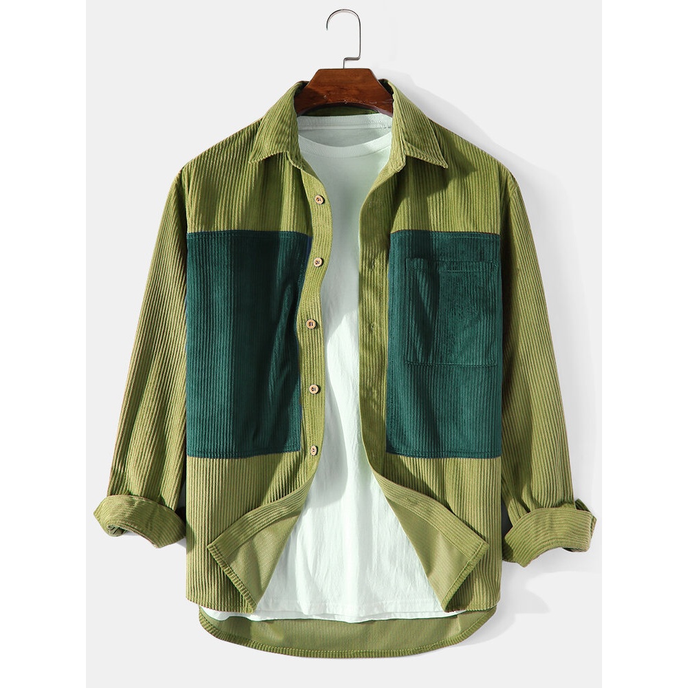 Mens Corduroy Patchwork Solid Color Long Sleeve Cargo Shirts With Pocket - Blue S