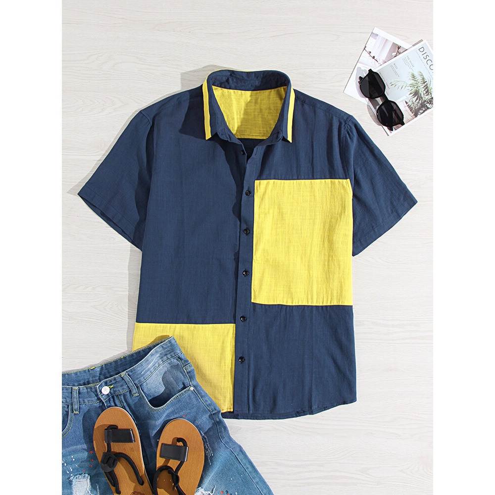 Men 100% Cotton Color Block Hit Color Colar Unique Design Shirts - Black M