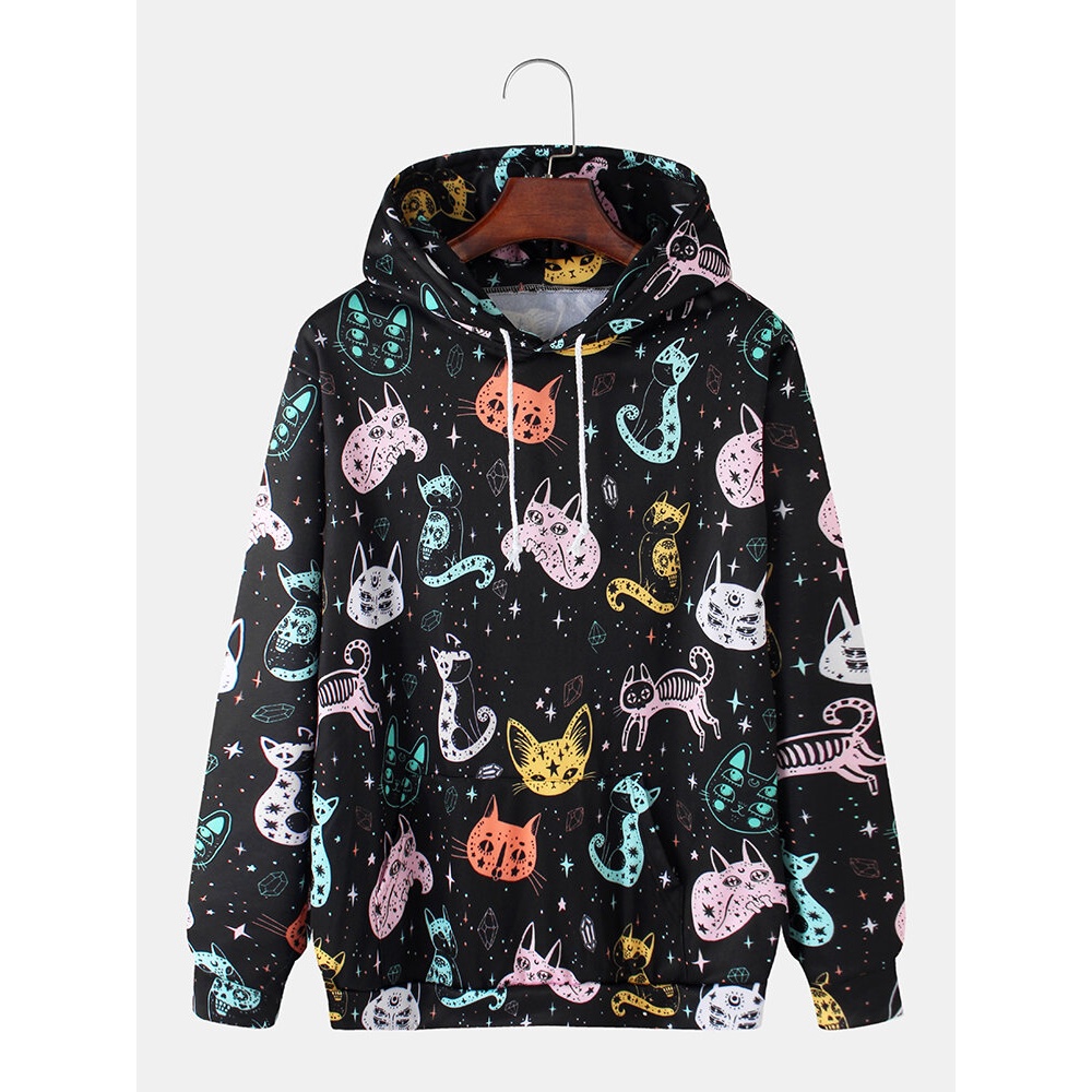 Mens All Over Graffiti Cartoon Cat Print Loose Casual Kangaroo Pocket Drawstring Hoodies - Black XL