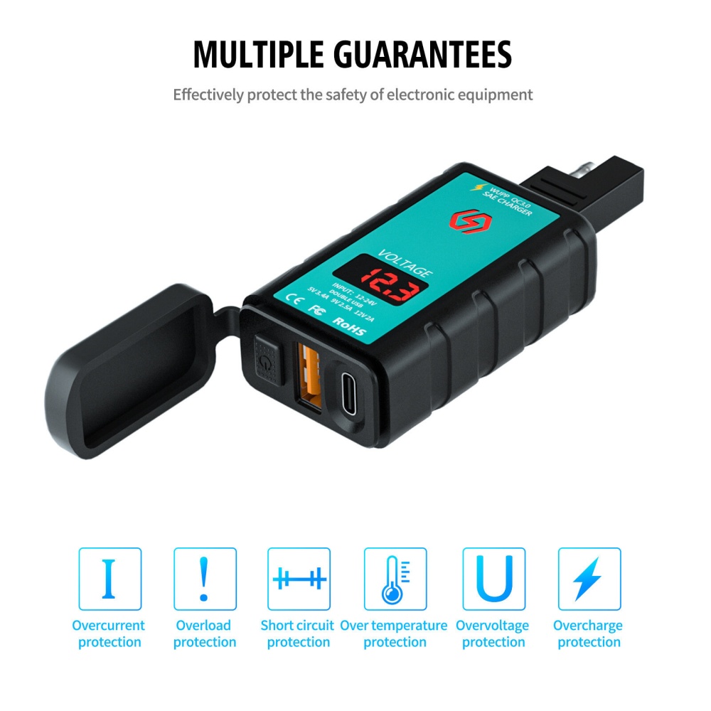 PD QC3.0 Car Motorcycle USB Charger SAE to USB Adapter With Voltmeter & ON/Off Switch For Smart Phone Tablet GPS - Image 2