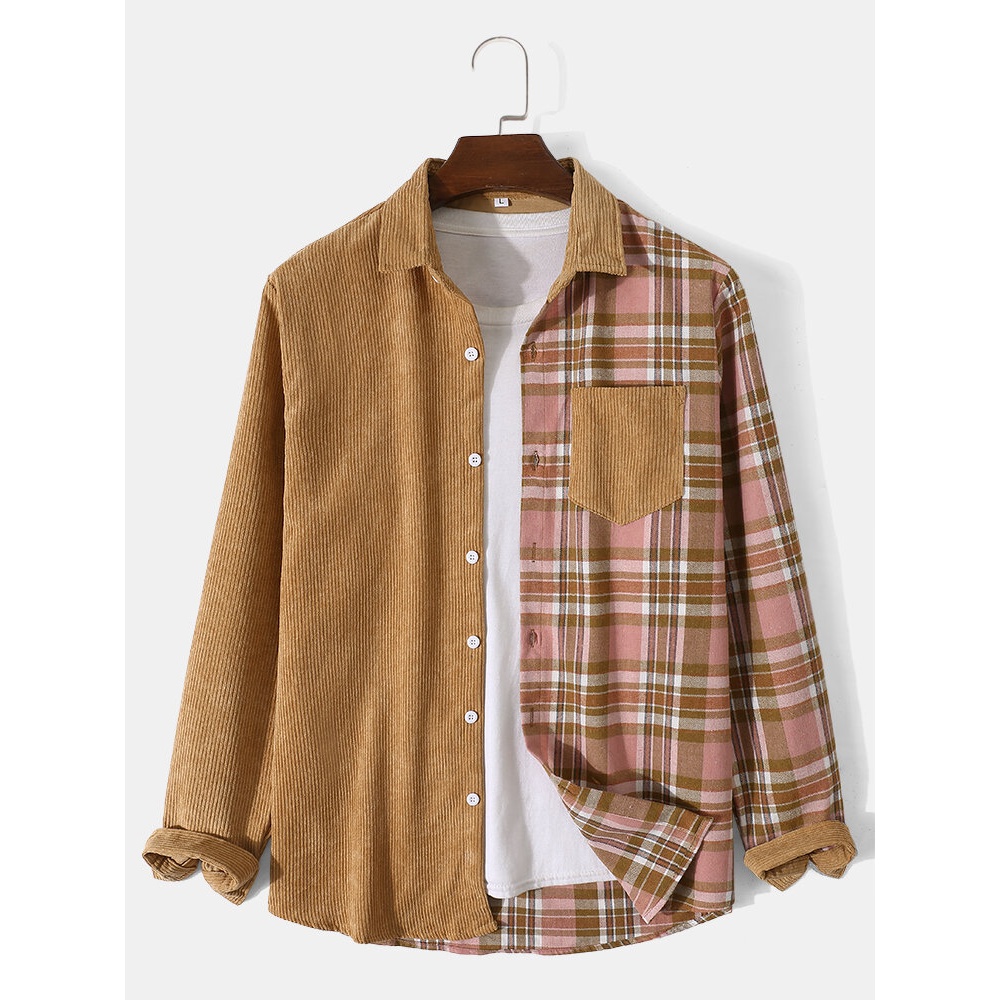 Mens Corduroy Plaid Patchwork Chest Pocket Button Up Casual Shirts - Yellow XL