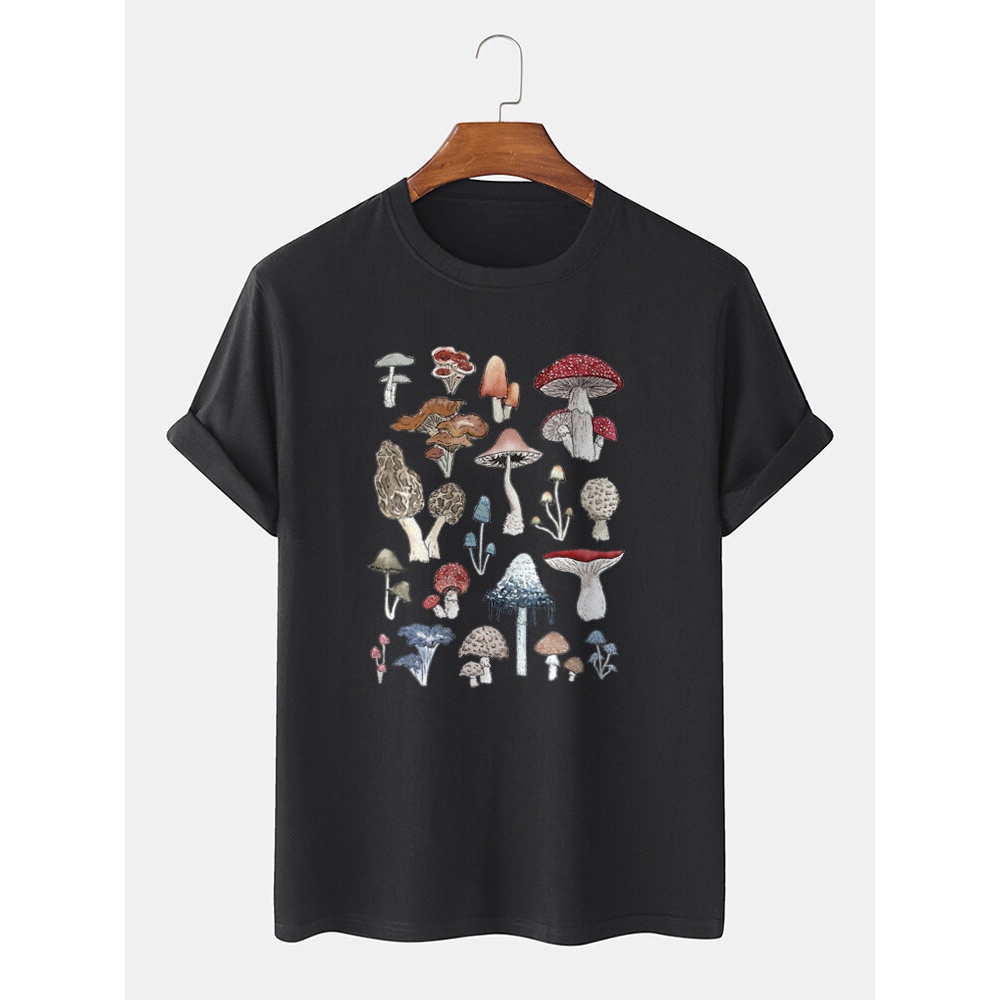 Mens 100% Cotton Mushroom Types Print Community Spirit Short Sleeve T-Shirt - Black S